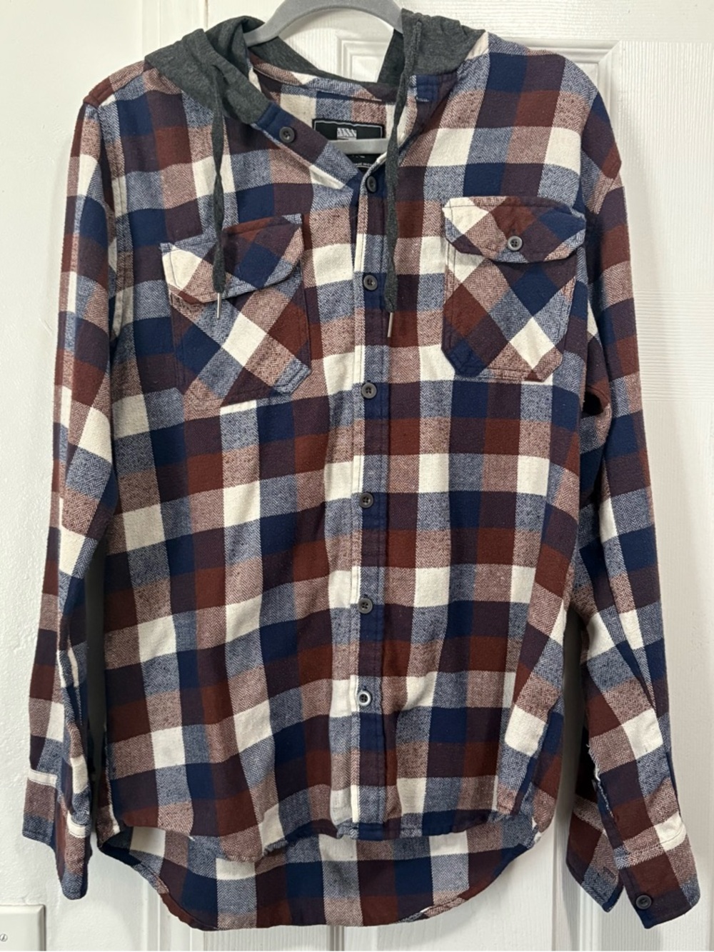 Cotton Plaid Hooded Button Up Flannel Shirt Jacket - Navy, Brown & White Size L